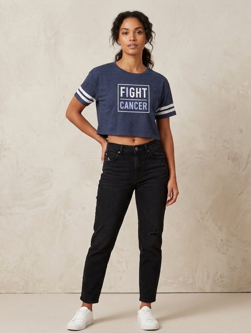 District “Fight Cancer” Blue Varsity Drop Shoulder Cropped Graphic Tee - Size M